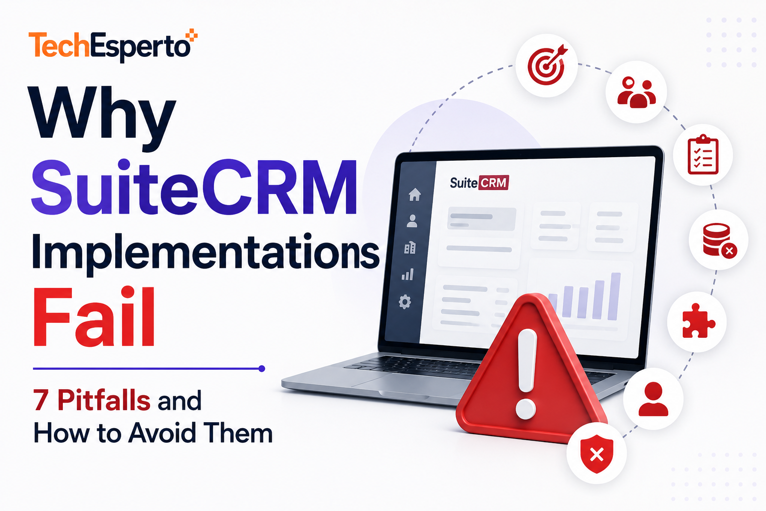 Why SuiteCRM Implementations Fail — 7 Pitfalls and How to Avoid Them give this image featured image not give too much content